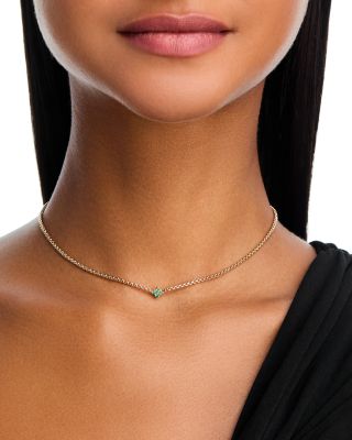 14K Yellow Gold Emerald Gemstones Emerald Flower Chain Necklace, 14-16"