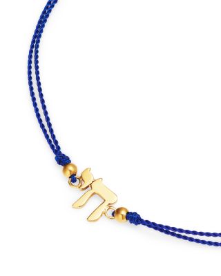 14K Yellow Gold Midi Bitty Symbols Chai Blue Cord Slider Bracelet