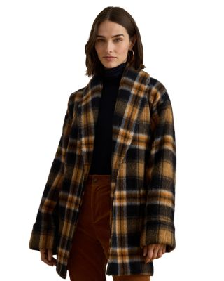 Plaid Wool Blend Shawl Collar Wrap Coat