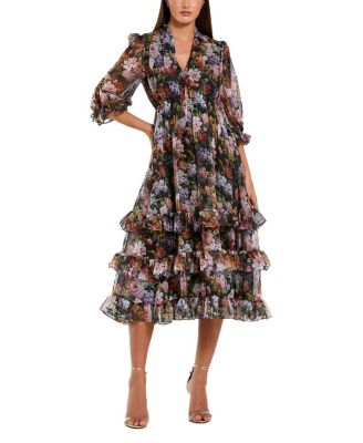 Chiffon 3/4 Sleeve A Line Midi Dress With Ruffles