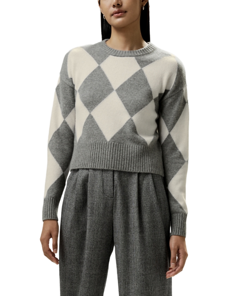 Lilysilk Round Neck Diamond Pattern Cashmere Sweater In Gray