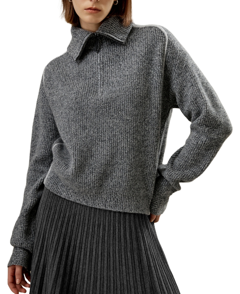 Lilysilk Cashmere Half Zip-up Ribbed Sweater In Gray