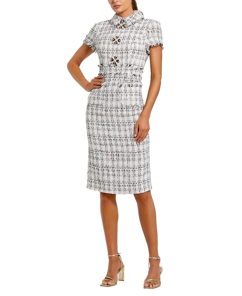Mac Duggal Fitted Boucle Short Sleeve Button Up Midi Dress In White