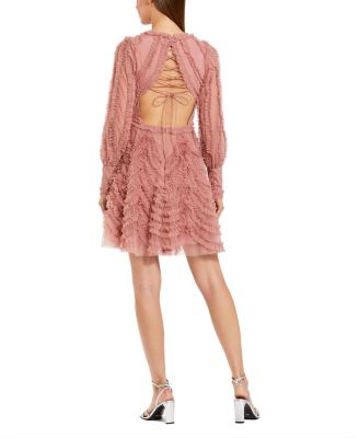 Ruffle Lace Up Back Long Sleeve Mini Dress