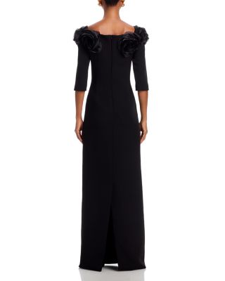 Crepe 3D Flower Off the Shoulder Three Quarter Length Sleeved Gown