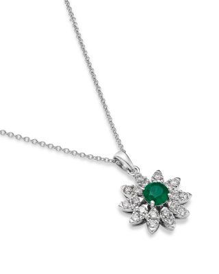 Emerald & Diamond Flower Pendant Necklace in 14K White Gold, 16-18"
