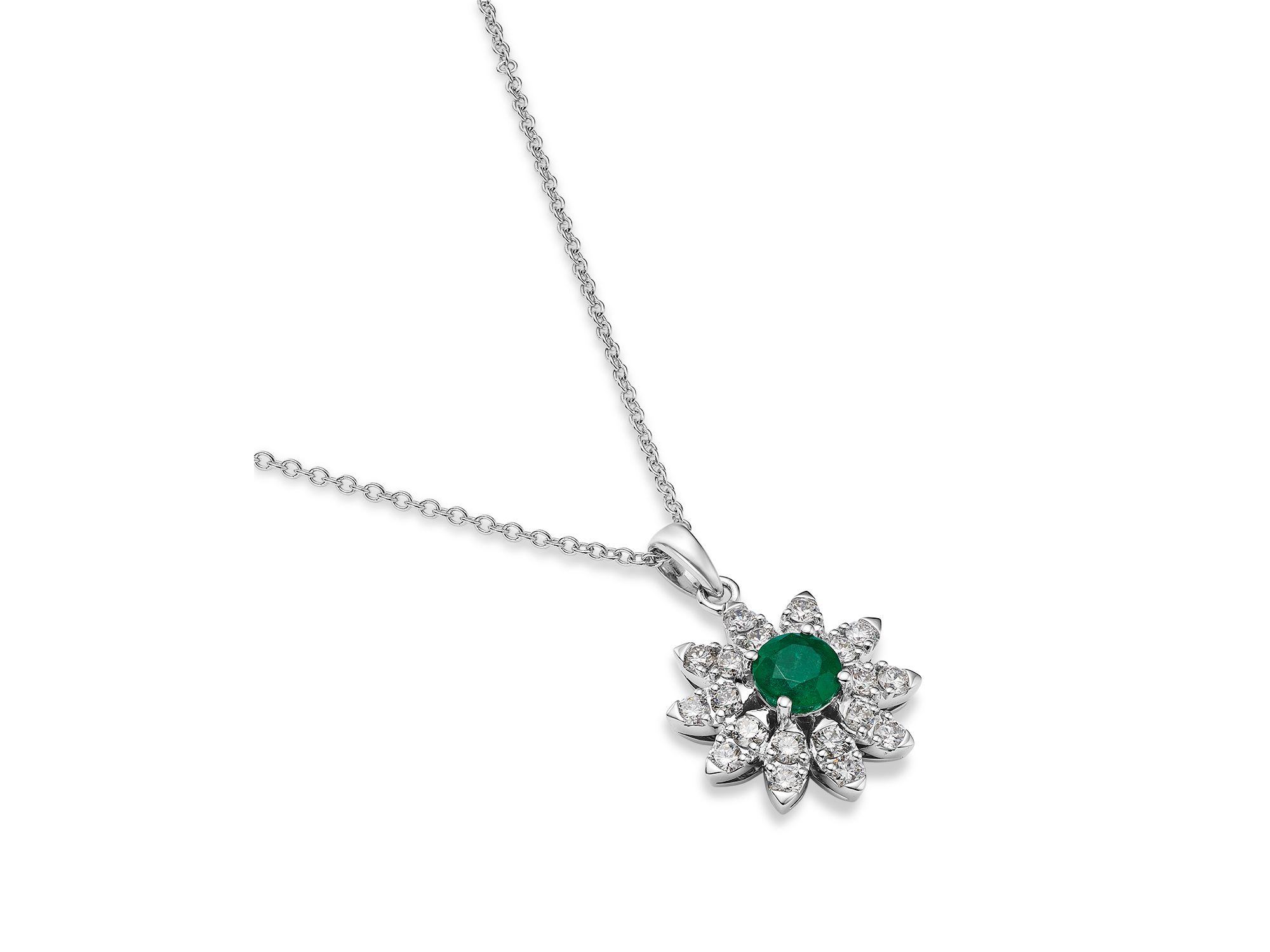Emerald & Diamond Flower Pendant Necklace in 14K , 16-18" — Image 3