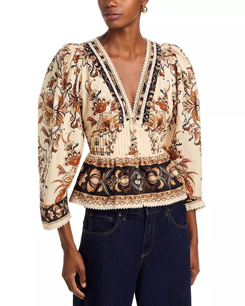 Farm Rio Majestic Garden Lace Puff Sleeve Cotton Top