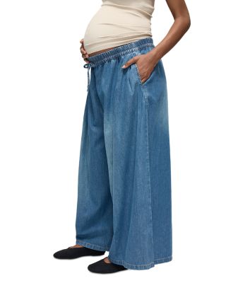 Wide Leg Drawstring Denim Maternity Pants in Med Wash