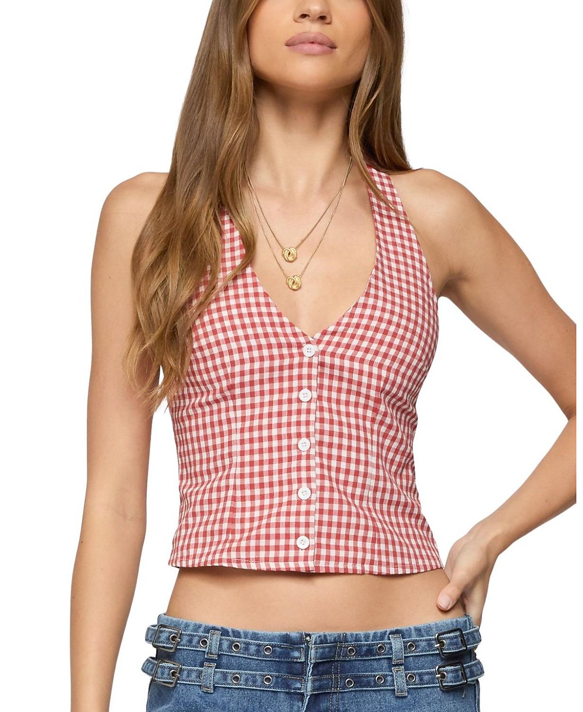 Edikted Evan Gingham Button Up Halter Top