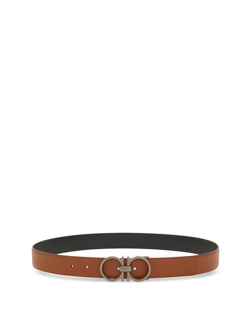 Ferragamo Men's Double Gancini Reversible Leather Belt in Naturale/Nero