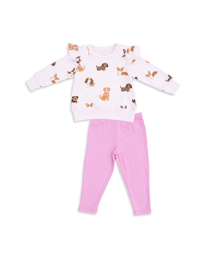 Angel Dear Girls' Best Friend Dogs French Terry Ruffle Sweatshirt & Legging Set - Baby In Pink