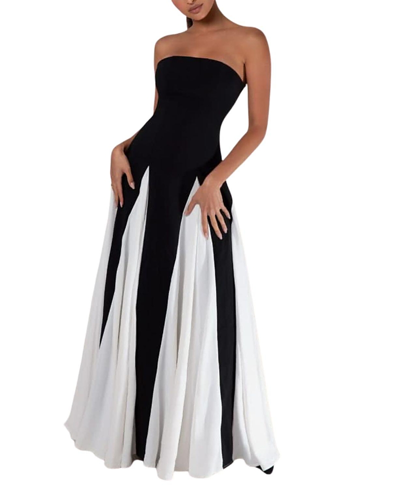 Heiress Beverly Hills Strapless Colorblock Pleated Maxi Dress In Black