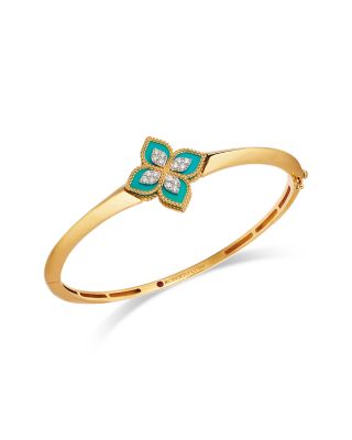 18K White &amp; Yellow Gold Venetian Princess Turquoise &amp; Diamond Flower Bangle Bracelet