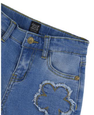 Girls' Wide Leg Stretch Jeans with Flower Stitching - Little Kid