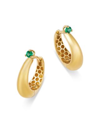 14K Yellow Gold Emerald Gemstones Emerald Tapered Hoop Earrings