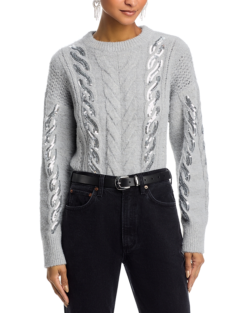 Aqua Oversized Sequin Cable Knit Crewneck Sweater - Exclusive In Gray