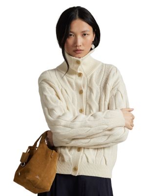 Cable Wool Cashmere Funnelneck Cardigan Sweater