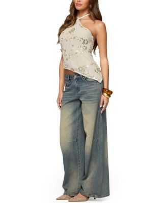 Beaded Sequin Asymmetric Halter Top