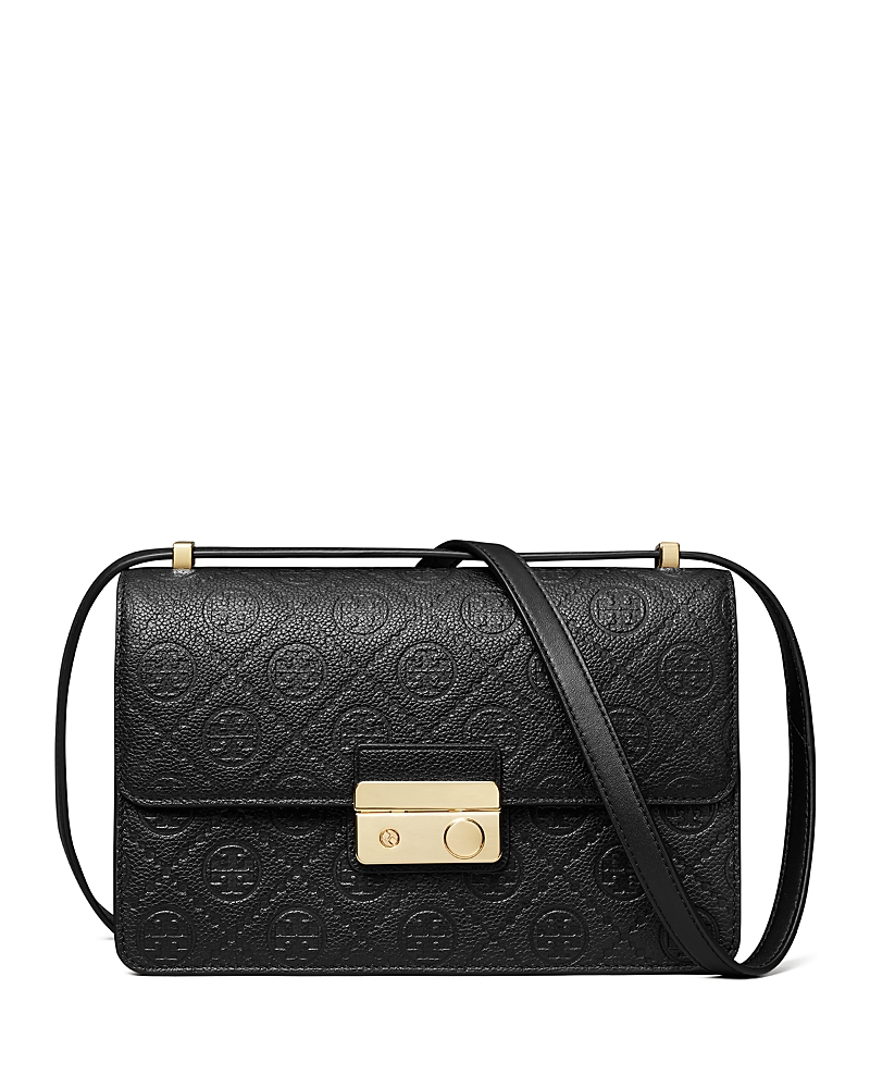 Tory Burch T Monogram Pebble Leather Shoulder Bag In Black