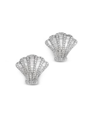 Baguette & Round Diamond Fan Stud Earrings in 14K White Gold, 2.0 tcw