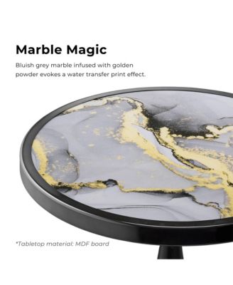 Knoll 16" Iron Round End Table with Marble-Pattern Top and Hammered Base