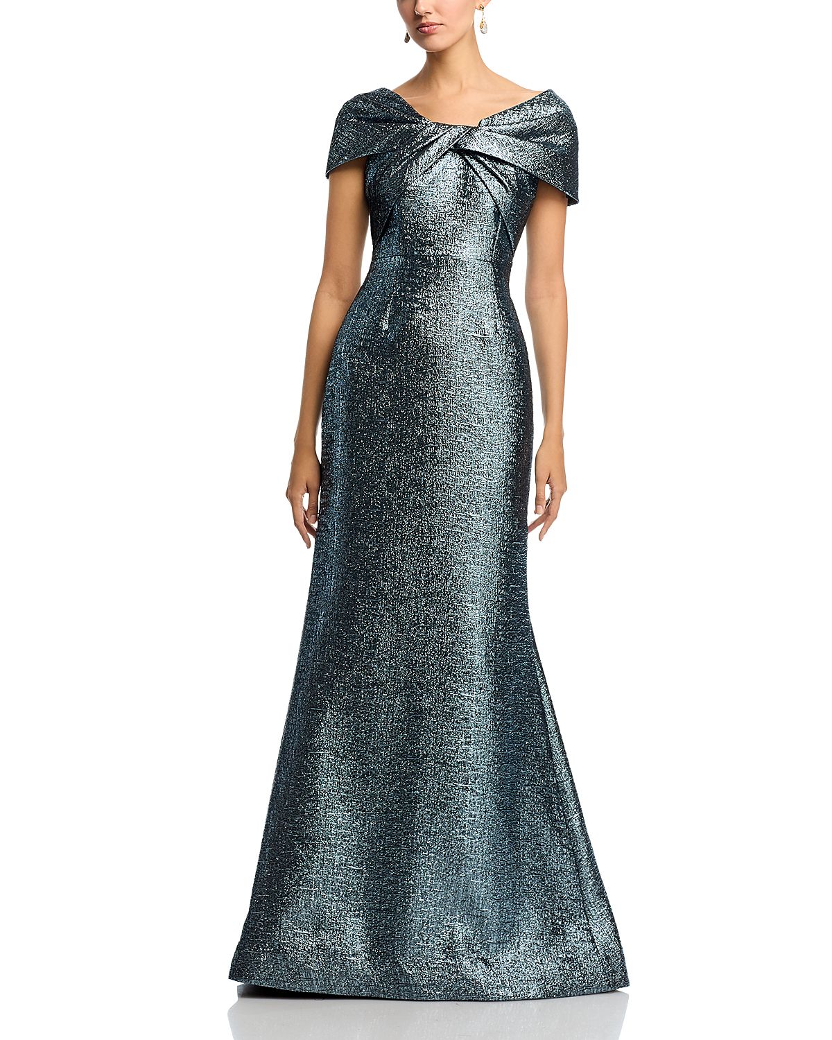 Teri Jon by Rickie Freeman Metallic Jacquard Twist Bodice Off-the-Shoulder Gown
