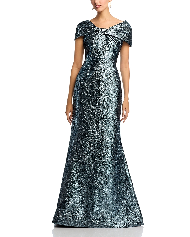 Teri Jon By Rickie Freeman Metallic Jacquard Twist Bodice Off-the-shoulder Gown In Gray