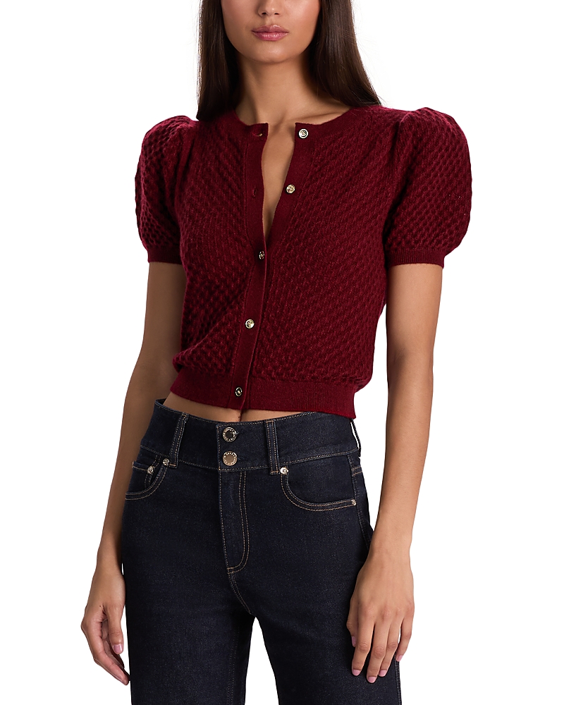 Alice And Olivia Sabine Cashmere Blend Puff Sleeve Cardigan In Burgundy