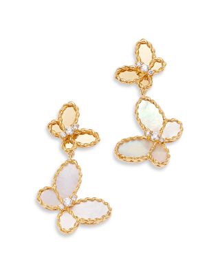 18K Yellow Gold Jasmine Mother of Pearl & Diamond Butterfly Dangle Drop Earrings