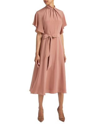 Niki Silk Mock Neck Midi Dress with Short Cape Sleeves