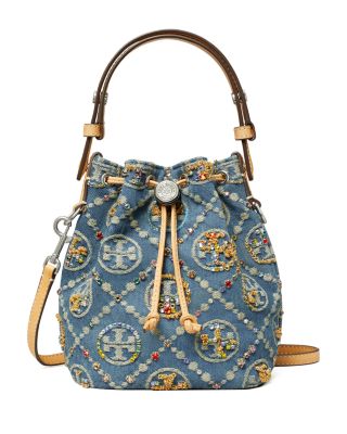T Monogram Embellished Denim Bucket Bag