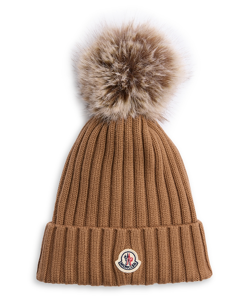 Moncler Rib Knit Logo Hat In Brown