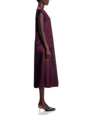 Satin V Neck Cap Sleeve Midi Dress