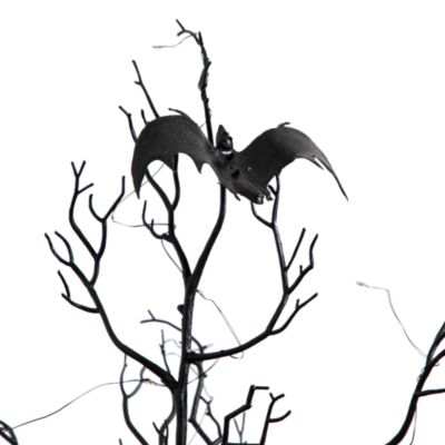 3' Pre-Lit Artificial Halloween Black Spooky Twig Tree with Bats and 100 Orange & Purple LED Lights