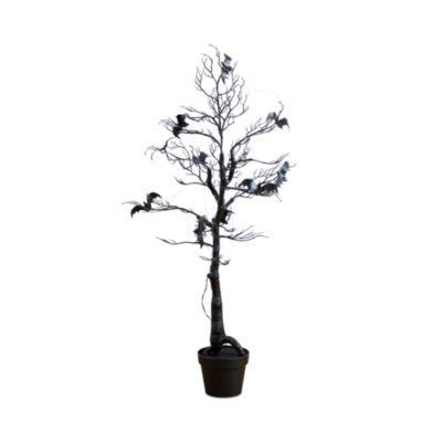 4' Pre-Lit Artificial Halloween Black Spooky Twig Tree with Bats and 120 Orange & Purple LED Lights