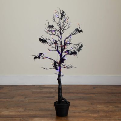 4' Pre-Lit Artificial Halloween Black Spooky Twig Tree with Bats and 120 Orange & Purple LED Lights