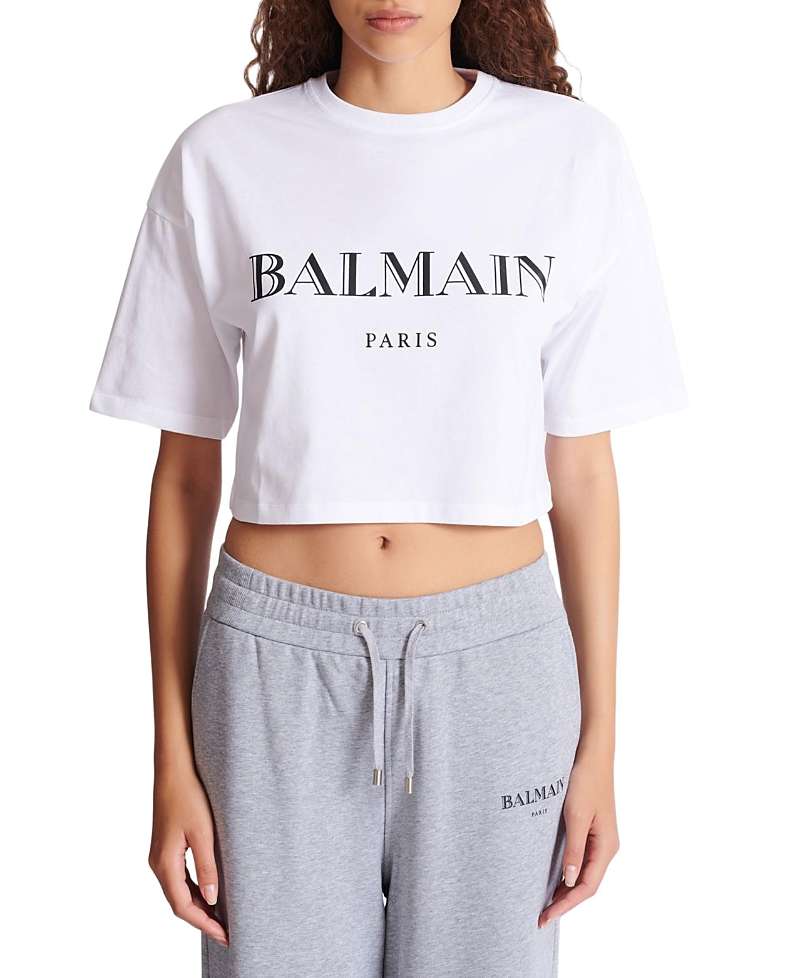 Balmain Logo Short-sleeve Bulky Crop T-shirt In White
