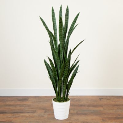 5' UV Resistant Artificial Sansevieria Plant in White Decorative Planter (Indoor/Outdoor)