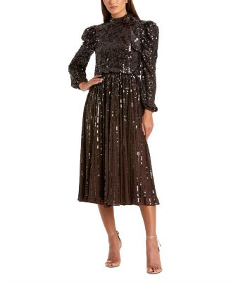  Sequin Puff Sleeve Pleated Midi Dress