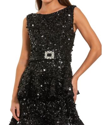  Sleeveless Sequin Ruffle Midi Dress with Belt