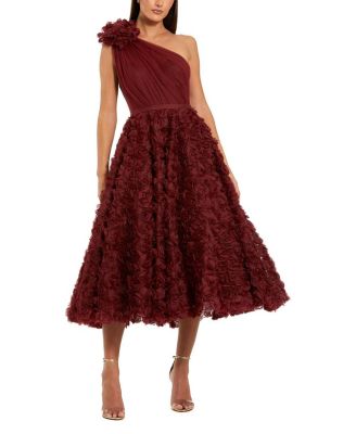  One Shoulder Rosette A-Line Midi Dress with 3D Flower