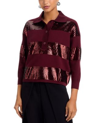 Sequin Stripe Polo Sweater