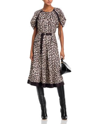 Leopard Print Ruched Sleeve Midi Dress