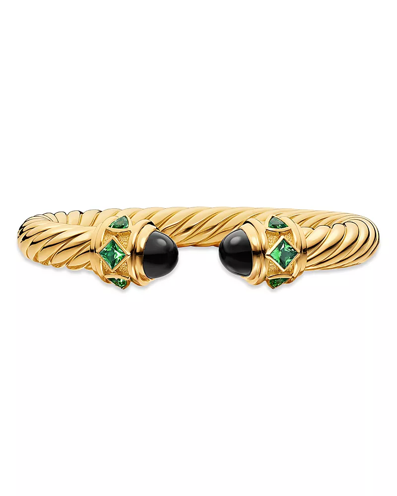 David Yurman Renaissance Cablespira Bracelet in 18K Yellow Gold with Black Onyx and Tsavorite, 9mm