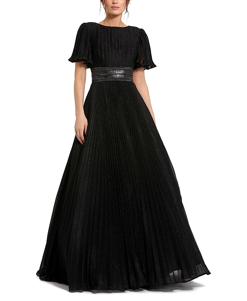 Mac Duggal Pleated Shimmering Georgette Flutter Sleeve Gown In Black