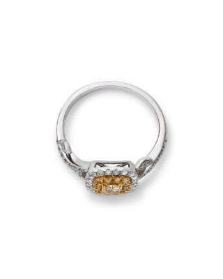 White & Yellow Cushion & Round Halo Ring in 14K Yellow & White Gold, 0.79 tcw
