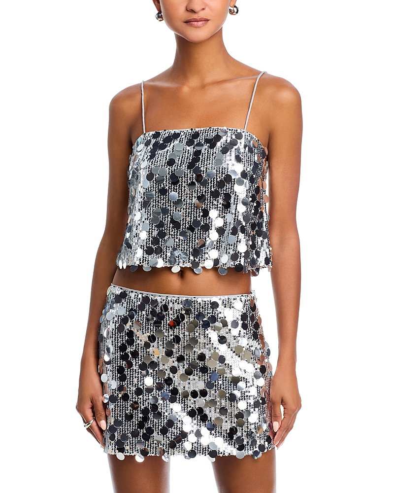 Aqua Sequined Cropped Camisole In Silver