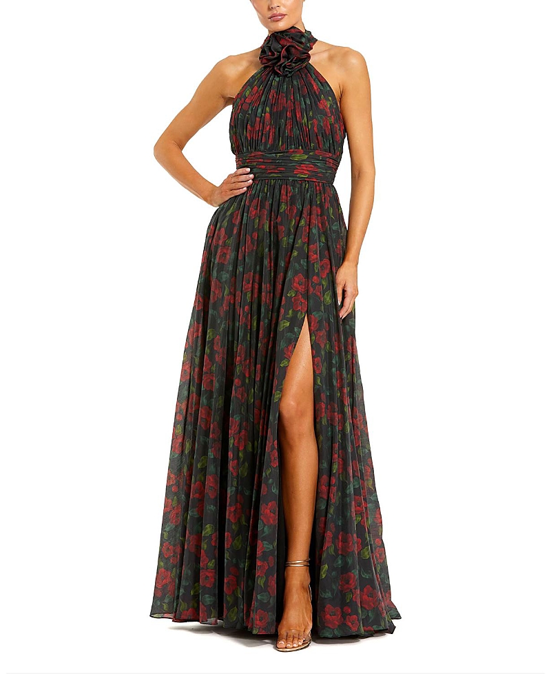 Mac Duggal Black Floral Chiffon 3d Flower High Neck Evening Gown In Green