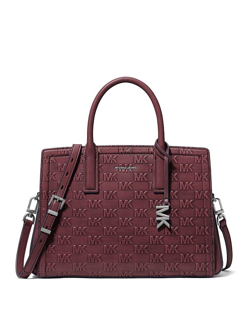 Michael Kors Laila Medium Logo Embossed Burnished Leather Satchel In Burgundy